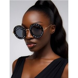 Round Sunglasses Women Fashion Luxury Black Lens Gold Frame UV400 Protection New